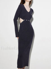 Bodycon V neck Cut Out Patchwork Button Sophisticated Detail Slit Long Sleeve Sweater Dress Sweaters L