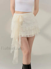 Bow Front Ruffle High Waist Skirt Beige / S