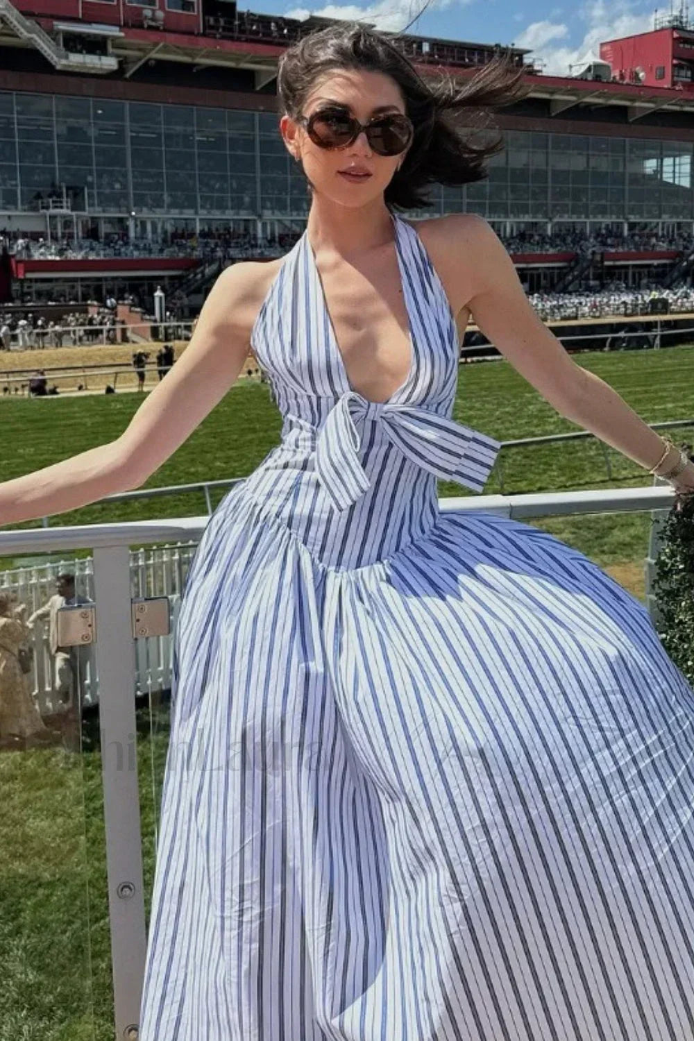 Bow Halter Striped Maxi Dress