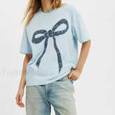 Bow Letter Number Pattern T Shirt SKY BLUE / S