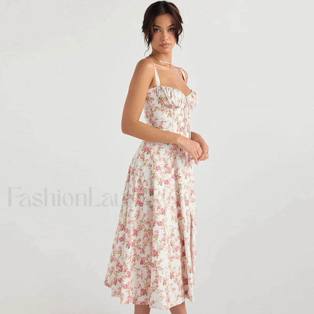 Breezy Floral Printed Lace Up Back Tie String Slit Midi Sundress Pink L / Pink Sun Dresses