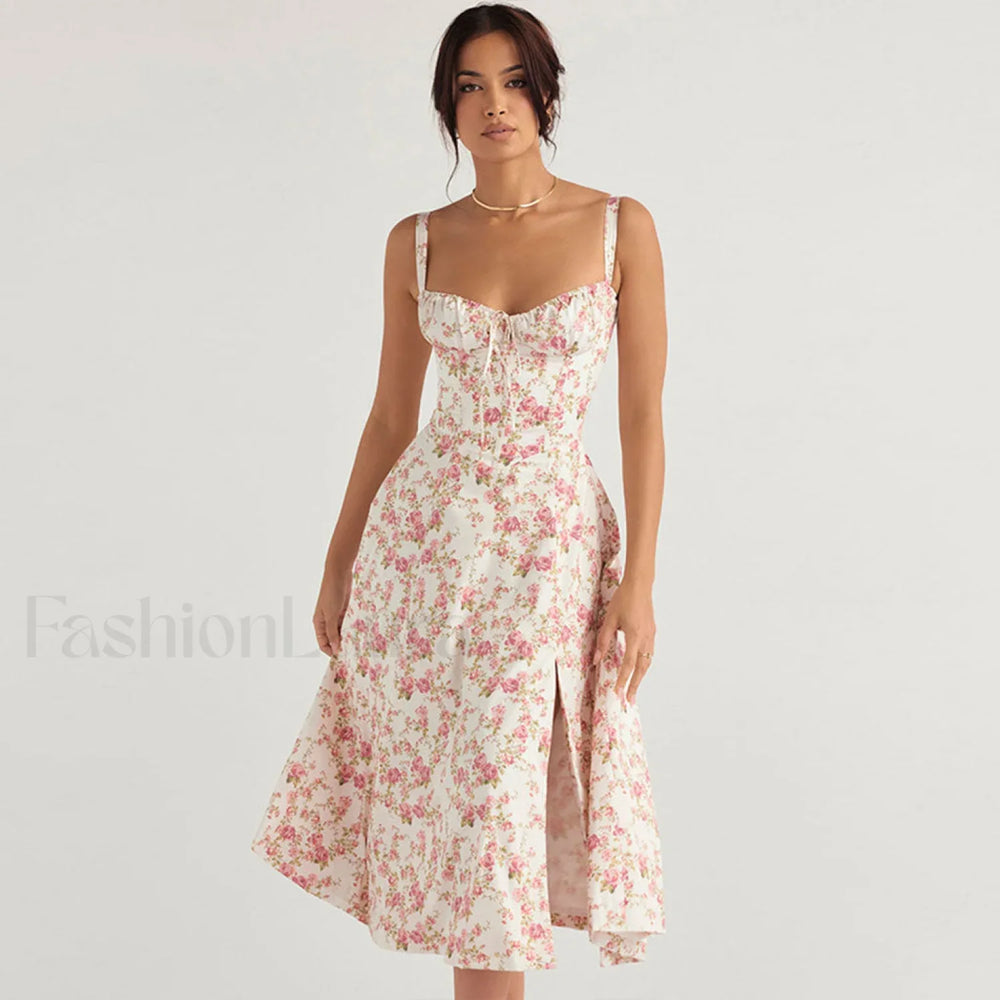 Breezy Floral Printed Lace Up Back Tie String Slit Midi Sundress Pink M / Pink Sun Dresses