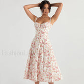 Breezy Floral Printed Lace Up Back Tie String Slit Midi Sundress Pink S / Pink Sun Dresses