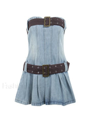 Buckle Belt Strapless Denim Mini Dress Mini Dresses