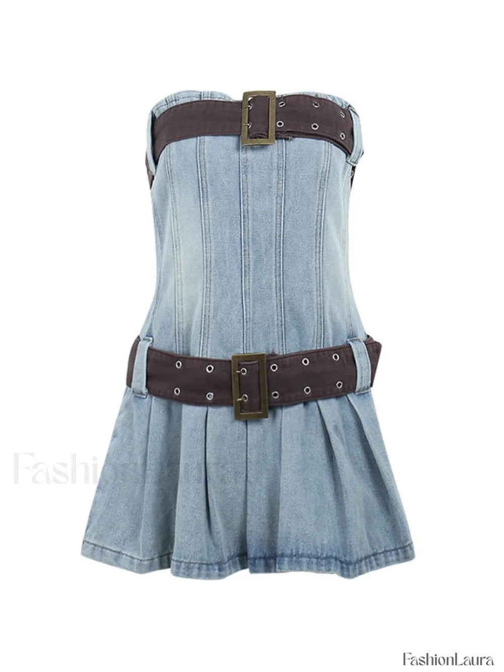 Buckle Belt Strapless Denim Mini Dress Mini Dresses