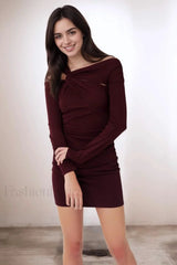 Burgundy Off Shoulder Knot Long Sleeve Bodycon Work Dress