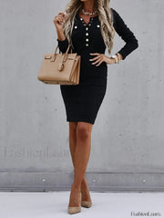 Button Front Long Sleeve Midi Dress Black / S Midi Dresses