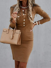 Button Front Long Sleeve Midi Dress Camel / S Midi Dresses