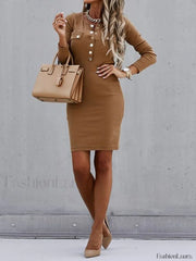 Button Front Long Sleeve Midi Dress Midi Dresses