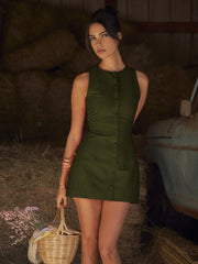 Button Front Sleeveless Short Dress ArmyGreen / XS Dresses