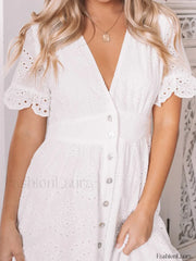 Button Up Eyelet Embroidery Midi Dress Midi Dresses