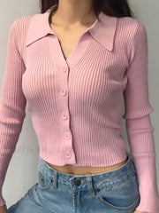 Button Up Graceful Collared Cardigan Pink / XS Sweaters L