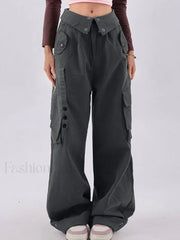 Buttoned High Waisted Cargo Pants Gray / S Cargo Pants