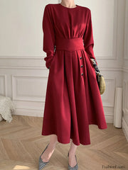 Buttoned Long Sleeve Corset Midi Dress Burgundy / S Midi Dresses