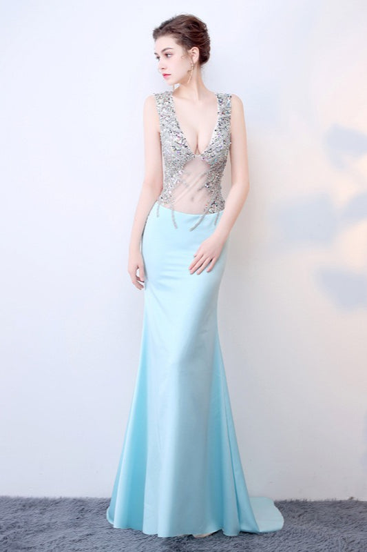 Sheer Blue Deep V Neck Maxi Party Dress XS / Blue