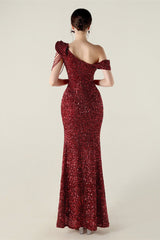 Draped One Shoulder Ruffle Formal Dress S / Red