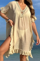 Short Sleeve Crochet Tunic Boho Dress Beige / One Size