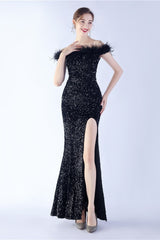 Velvet Sequin Ostrich Feather Off Shoulder Formal Dress S / Black