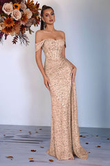 Beaded Bustier High Slit Formal Dress XS / Gold