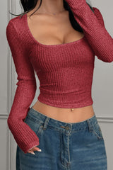 Ribbed Square Neck Long Sleeve Knit Top