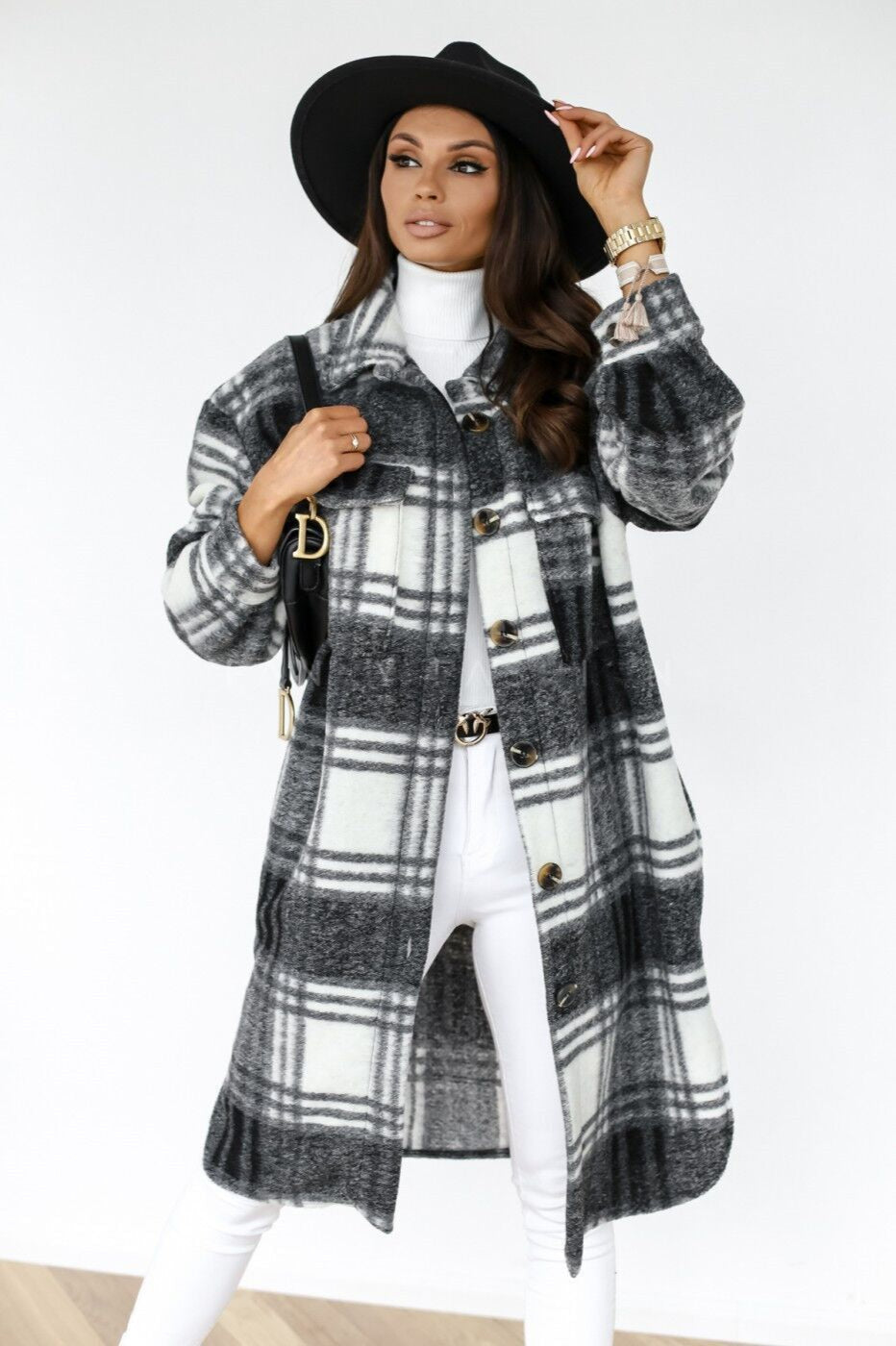 Plaid Button Down Shirt Coat Black / S coats