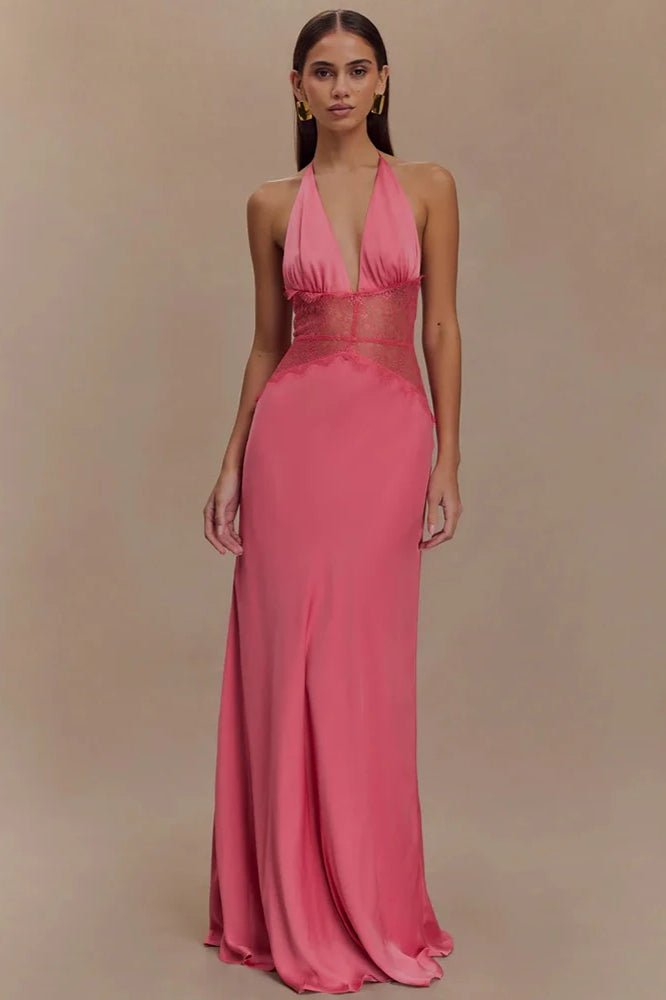 Lace Patchwork Backless Halter Boho Dress