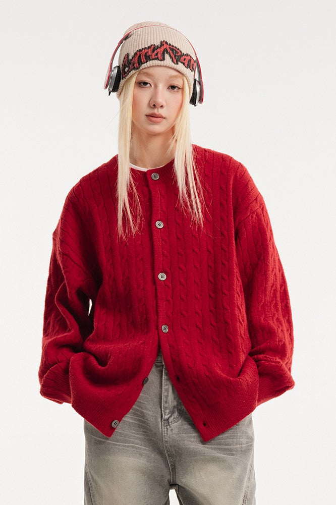 Relaxed Fit Cable Cardigan S / Red