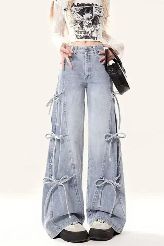 Vintage Bow Bandage Wide Leg Jeans Blue / S