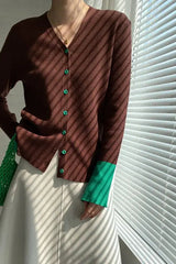 Flare Sleeve Colorblock Knit V Neck Cardigan Brown / S