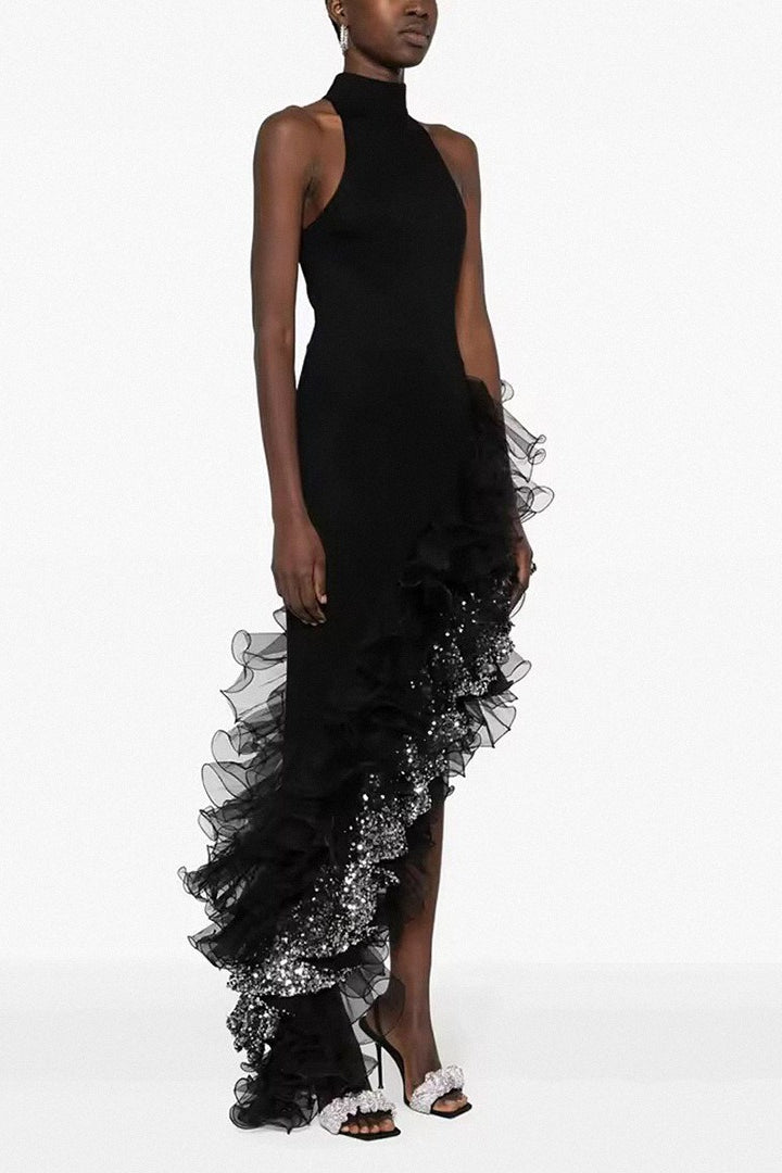 Black Ruffled Mesh Asymmetrical Party Dress