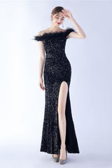 Velvet Sequin Ostrich Feather Off Shoulder Formal Dress