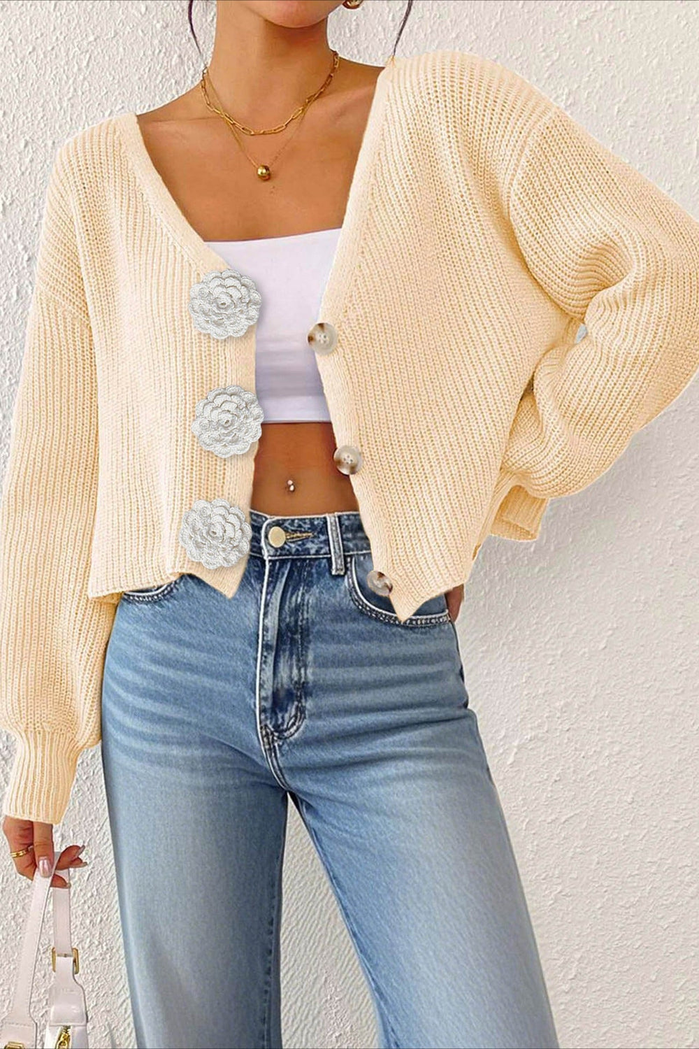 Button Front Crochet Knit Crop Sweater