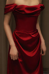 Off Shoulder Wine Red Satin Formal Dress
