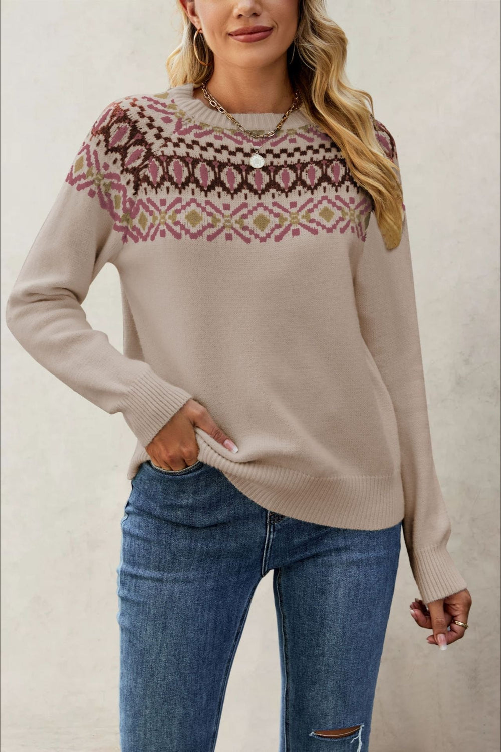 Jacquard Crew Neck Knit Pullover Sweater Khaki / S
