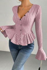 Flounced V-Neck Bodycon Knit Top