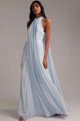 Elegant Halter Light Blue Maxi Party Dress Blue / XS