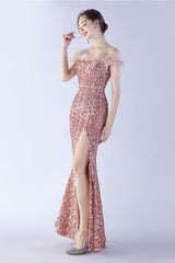 Velvet Sequin Ostrich Feather Off Shoulder Formal Dress