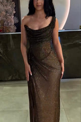 Stretch Metallic Slit Formal Dress