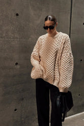 Cable Knit Loose Pullover Sweater Beige / S