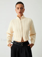 Cable Knit Two Trendy Way Zip Crop Cardigan Apricot / S Sweaters L