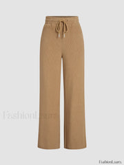 Camel Drawstring Ribbed Trendy Wide Leg Pants Camel / XS Pants