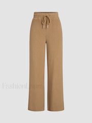 Camel Drawstring Ribbed Trendy Wide Leg Pants Camel / XS Pants