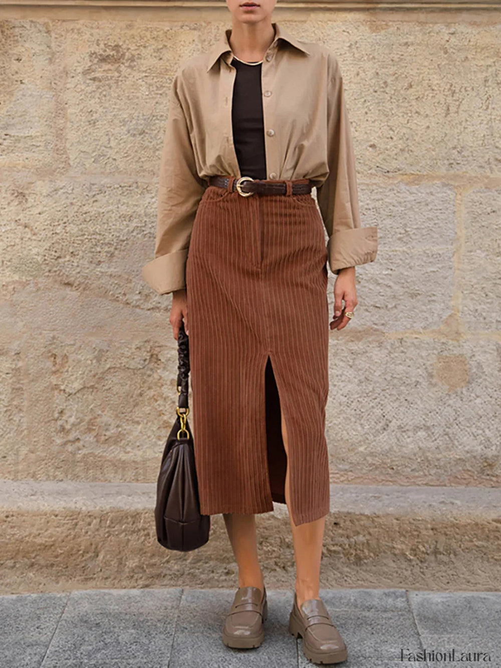 Caramel Corduroy Graceful Slit Midi Skirt Skirts