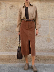 Caramel Corduroy Graceful Slit Midi Skirt Skirts