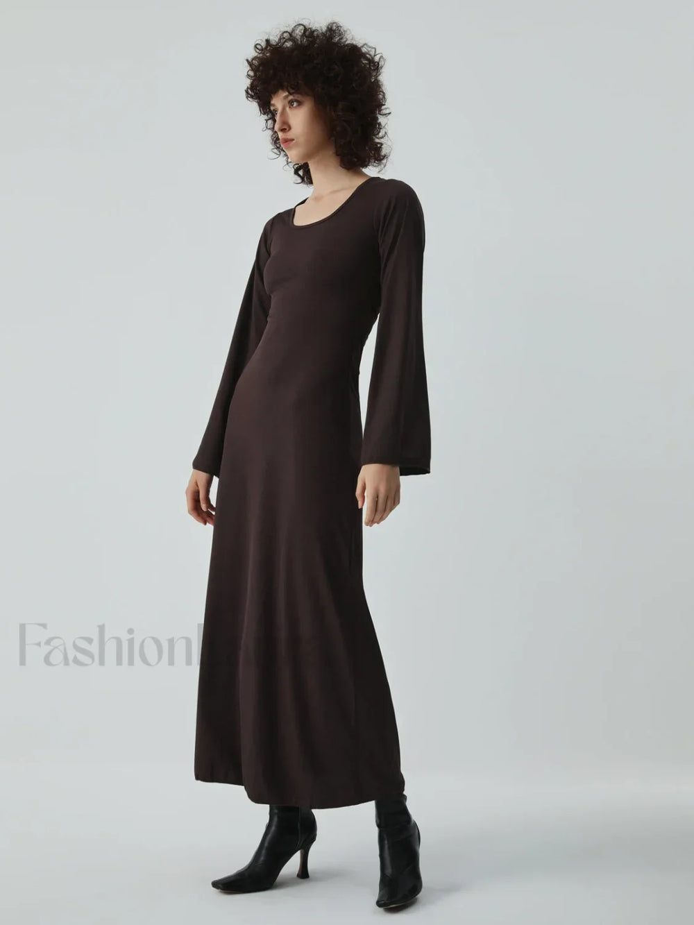 Caramel Flare Long Trendy Sleeve Knit Long Dress Brown / S Knit Dresses