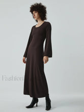 Caramel Flare Long Trendy Sleeve Knit Long Dress Brown / S Knit Dresses