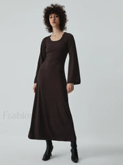 Caramel Flare Long Trendy Sleeve Knit Long Dress Knit Dresses