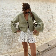 Casual Hollow V Neck Streetwear Blouse Dark green / S