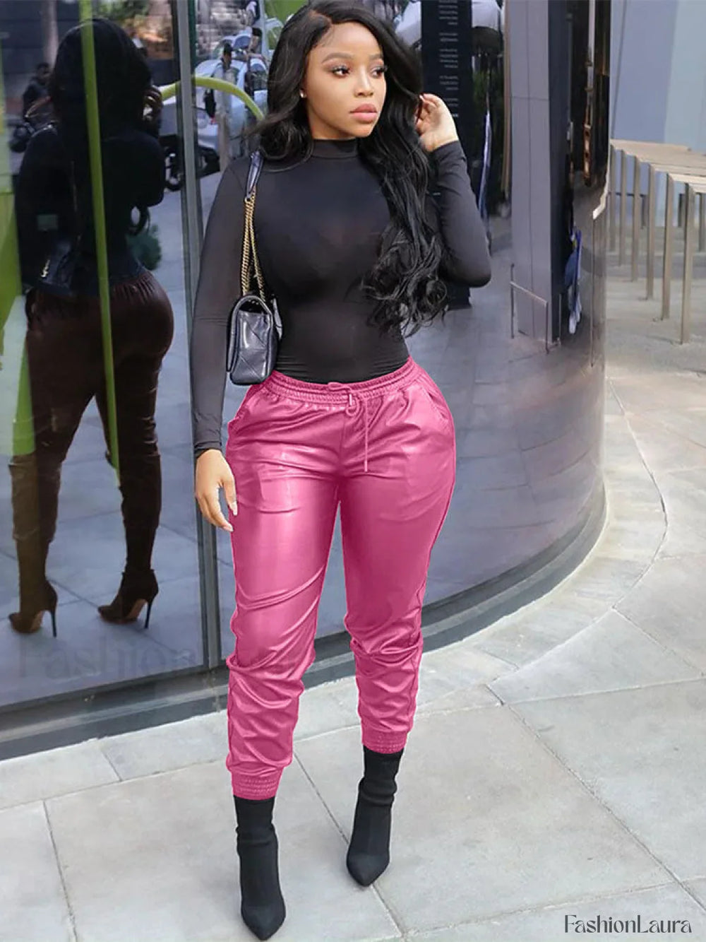 Casual Solid PU Pants Pink / M Pants