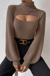 Sexy Hollow Out Turtleneck Sweater Khaki / XS